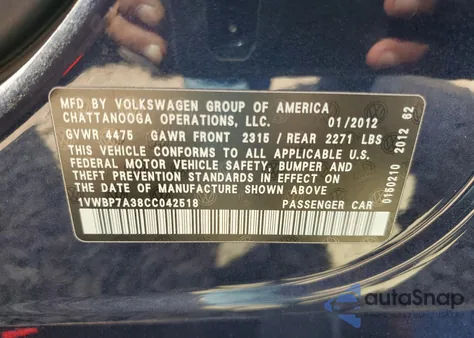 2012 Volkswagen Passat Se from USA, damaged, VIN 1VWBP7A38CC042518